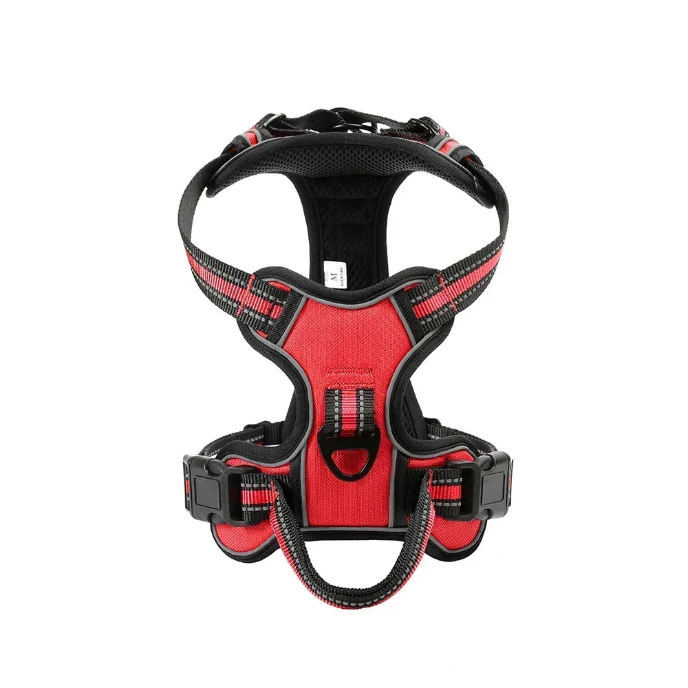 Harnais anti-traction réfléchissant pour chien violet, vue de trois quarts avec poignée et sangles réglables