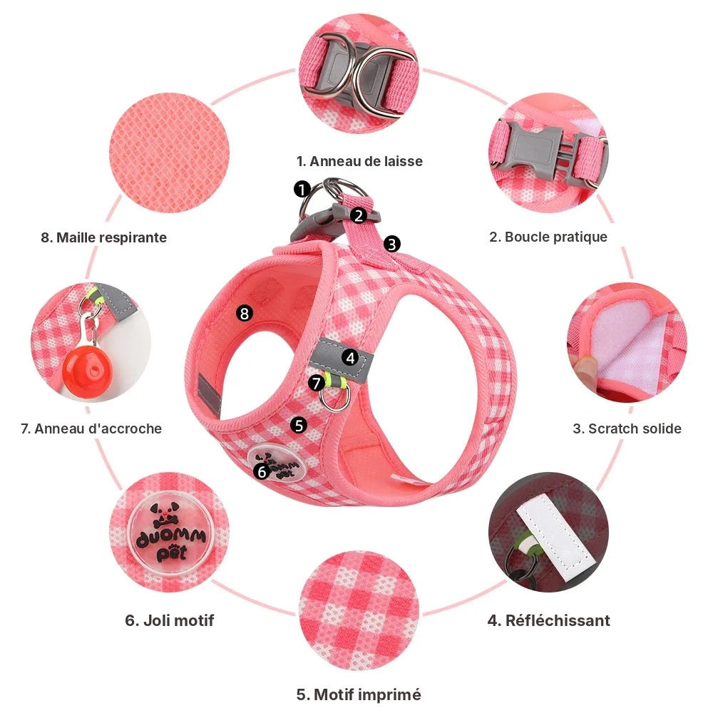 Harnais réfléchissant à carreaux rose : boucle, anneau, maille respirante et bande réfléchissante