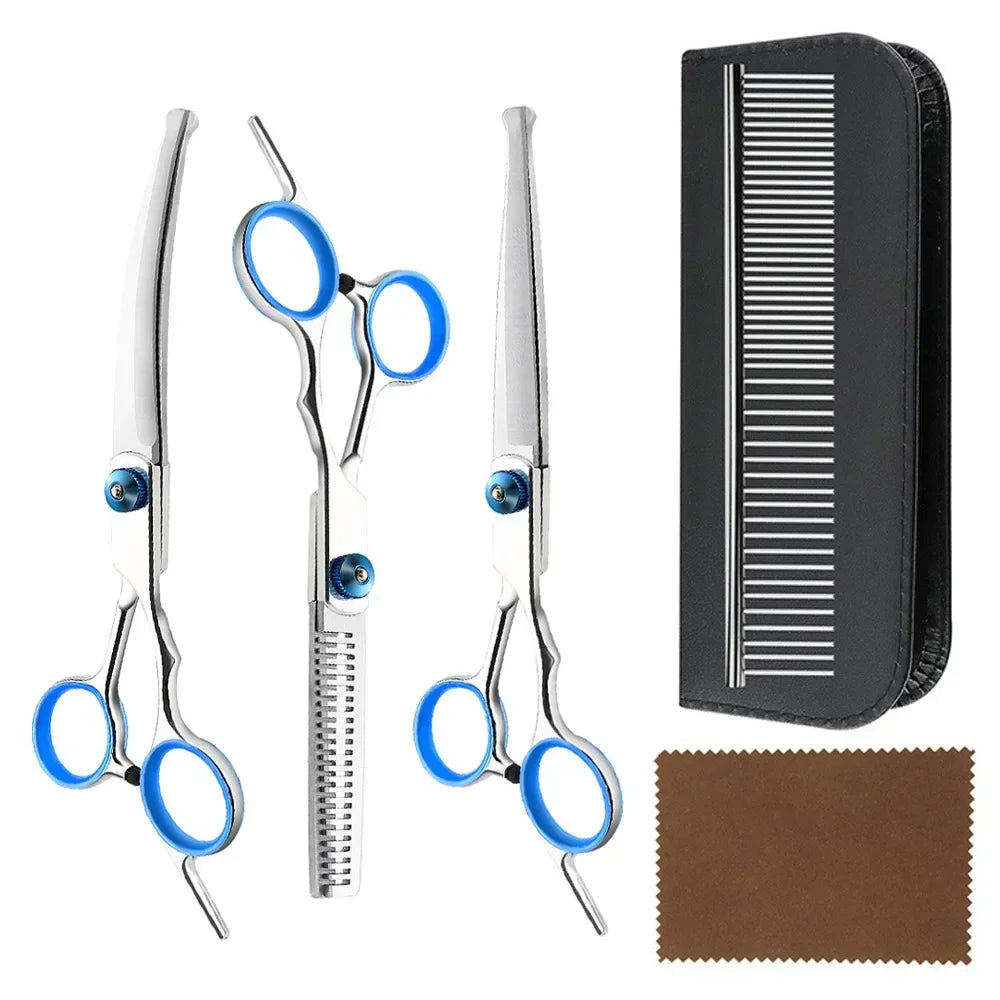 Kit de ciseaux de toilettage en inox à bouts ronds, anneaux bleus, avec peigne métallique, étui et chiffon