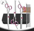 Kit de ciseaux de toilettage en inox à bouts ronds, anneaux roses : ciseaux courbes, droits, effileurs, peigne et étui