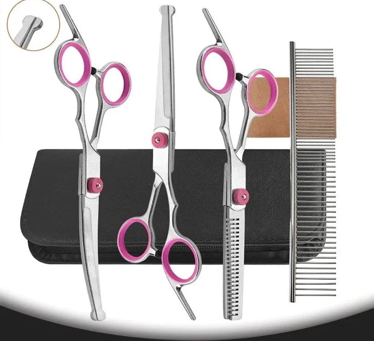 Kit de ciseaux de toilettage en inox à bouts ronds, anneaux roses : ciseaux courbes, droits, effileurs, peigne et étui