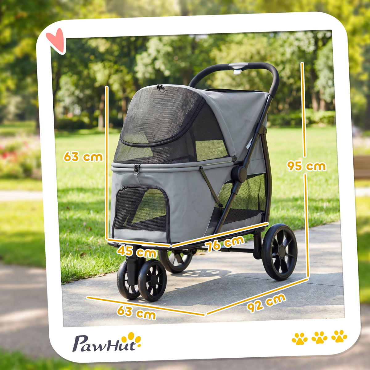 Poussette tout-terrain pliable PawHut pour chien grise, schéma des dimensions : 92 × 63 × 95 cm, nacelle de 76 cm