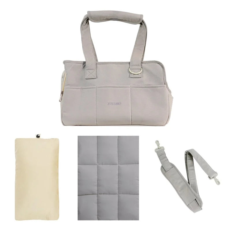 Sac de transport en coton gris pour chat et petit chien avec coussin, tapis matelassé gris et bandoulière