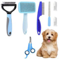 Kit de toilettage bleu avec peigne anti-puces, brosse autonettoyante, démêloir, lime et coupe-griffes