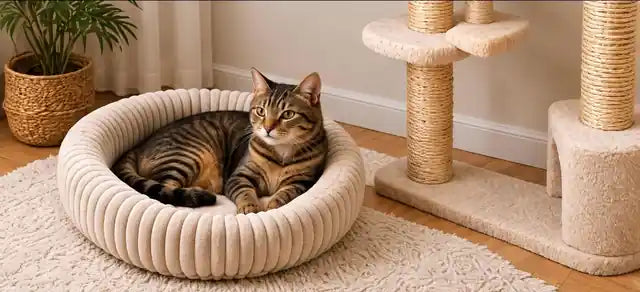 Chat couché dans un panier rond, arbre à chat en arrière-plan