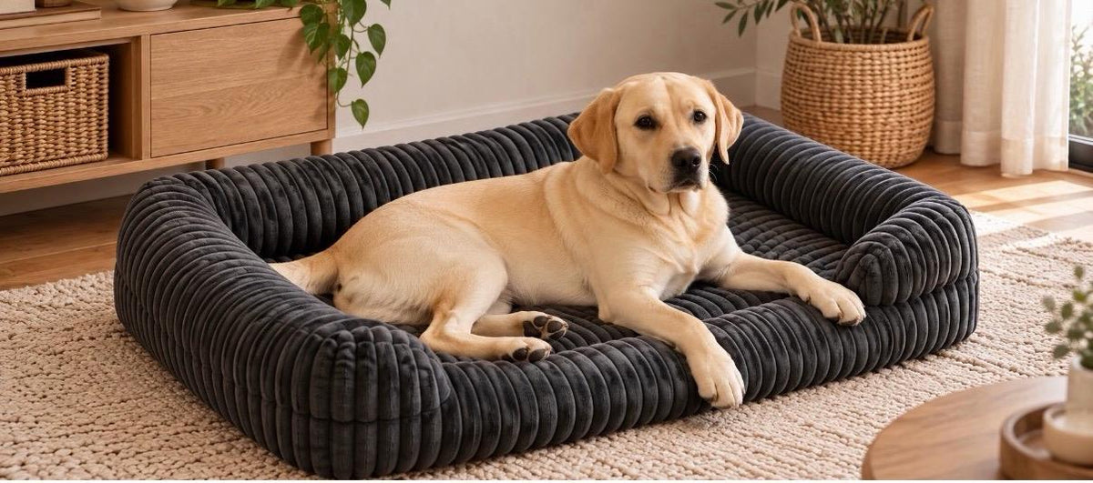 Labrador couché sur un lit pour chien à rebords en velours côtelé gris anthracite