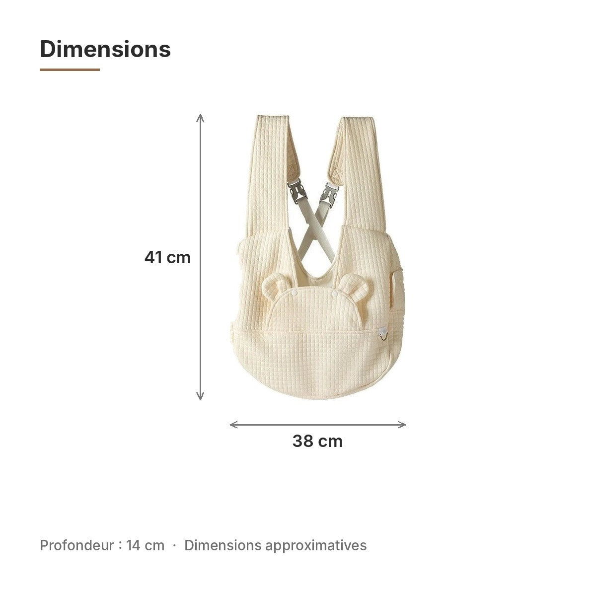 Sac de transport bandoulière matelassé crème : 41 × 38 cm, profondeur 14 cm